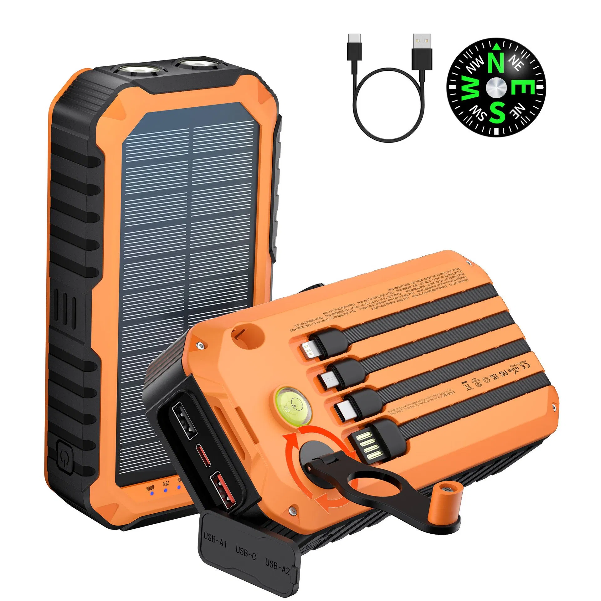 20W Hand-Cranked Solar Power Bank Fast Charging with Cable 20000 mAh Type C Power Generation Mobile Power Bank