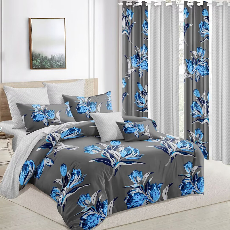 Blue Printed 12 Pieces Home Textiles Polyester Duvet Cover Set Colored Quilted Bedcover High Quality 6 Pieces Pillow Shams Pillowcases Queen Size Bedspread Set