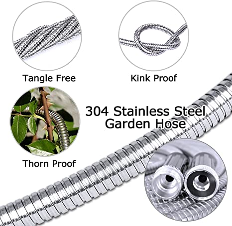 Flexible Metal Garden Hose Upgrade Leak and Fray Resistant Design Stainless Steel Water Hose with Solid Fittings and Sprayer Nozzle