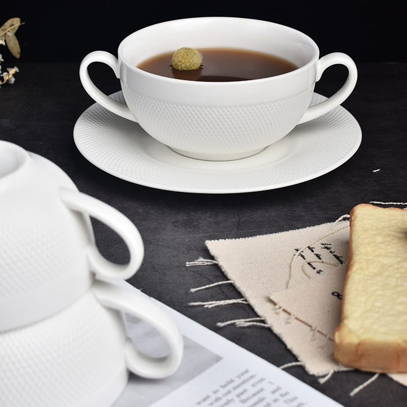 White Porcelain 270ml Stackable Soup Bowl with Handle&Saucer, Japanese Ceramic Bowl, Soup Bowl with Lid Ceramic