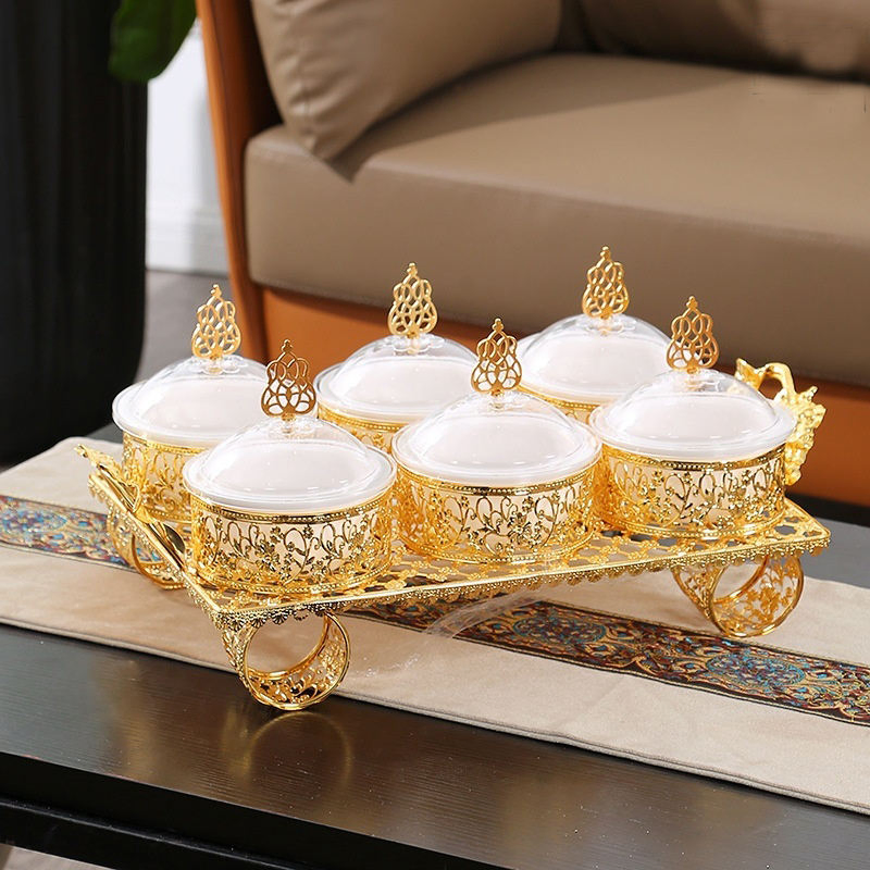 Kitchen Utensils Gold Plated Iron Tray with Plastic Bowl Set Candy Tray