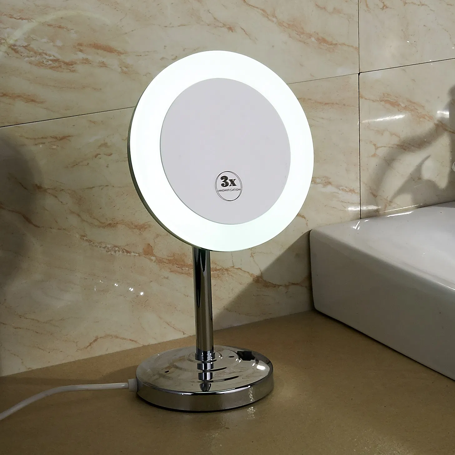 LED 8 Inch 3X Magnifying Bathroom Basin Chrome Stand Makeup Mirror