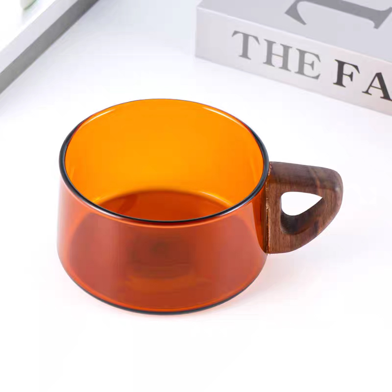 80ml 150ml 250ml 350ml Colorful Heat Resistant Single Wall Kitchenware Table Glass Tea Cup for Coffee Tea Kinds of Drinking Mug with Wooden Handle
