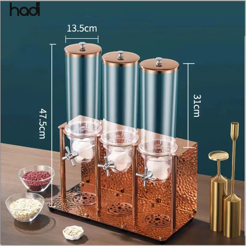 Commercial Double Tank Golden Breakfast Cereal Dispenser for Hotels Modern Counter Top Stainless Steel and Plastic Dispenser