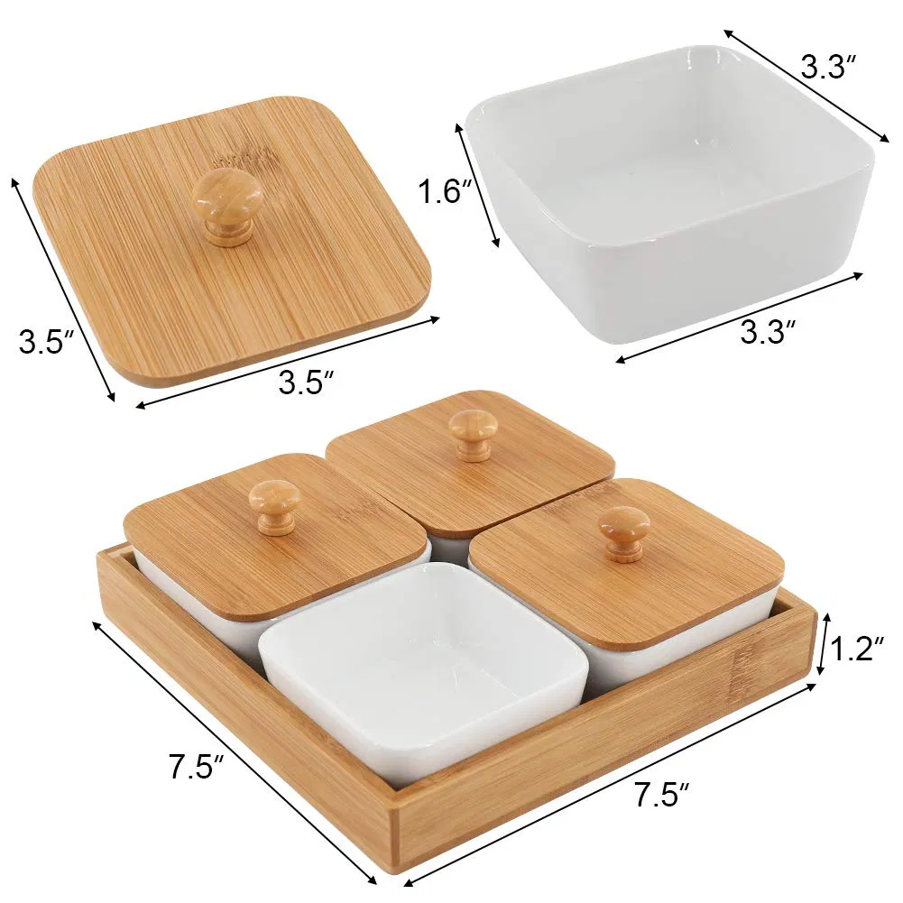 Ceramic Snacks DIP Bowls Relish Tray for Entertaining Ceramic Divided Serving Dishes with Lids Bamboo Porcelain Divided Platter