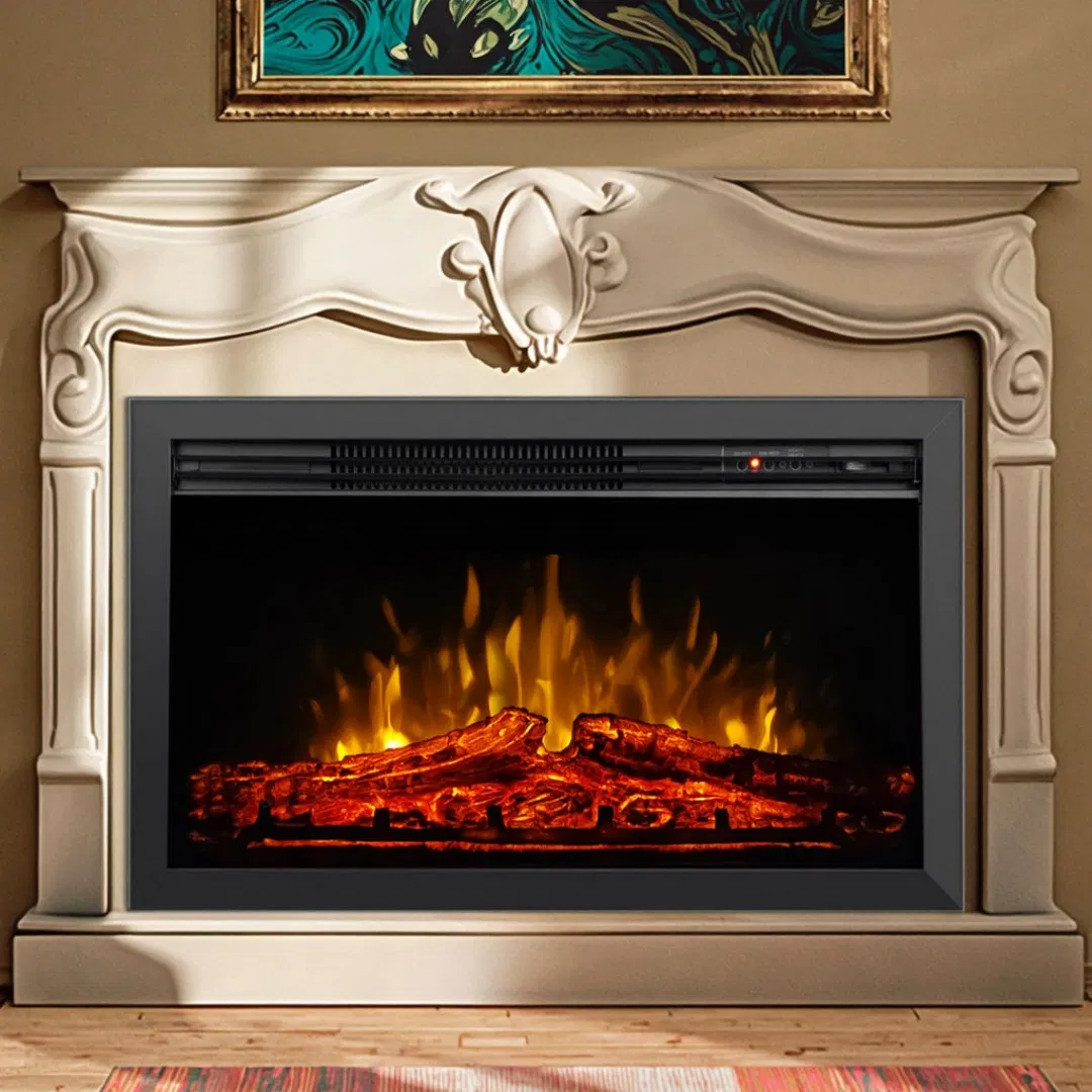 28" LED Flame Remote Control Insert Log Effect 1500W Fireplace Marble Carving