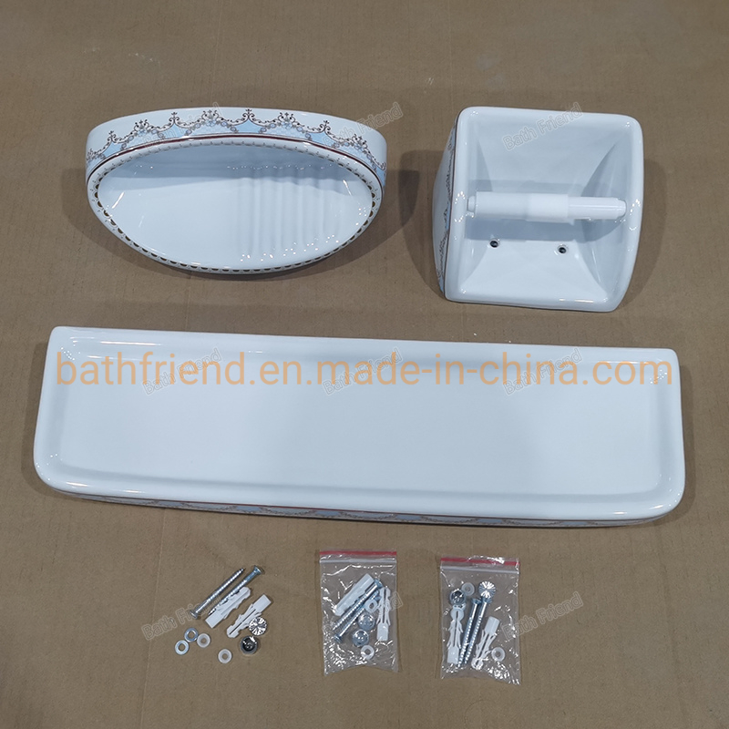 Flower Pattern Printing 3 Pieces Bathroom Fitting Ceramic Soap Holder Big Paper Plate Anterior Plate of Mirror