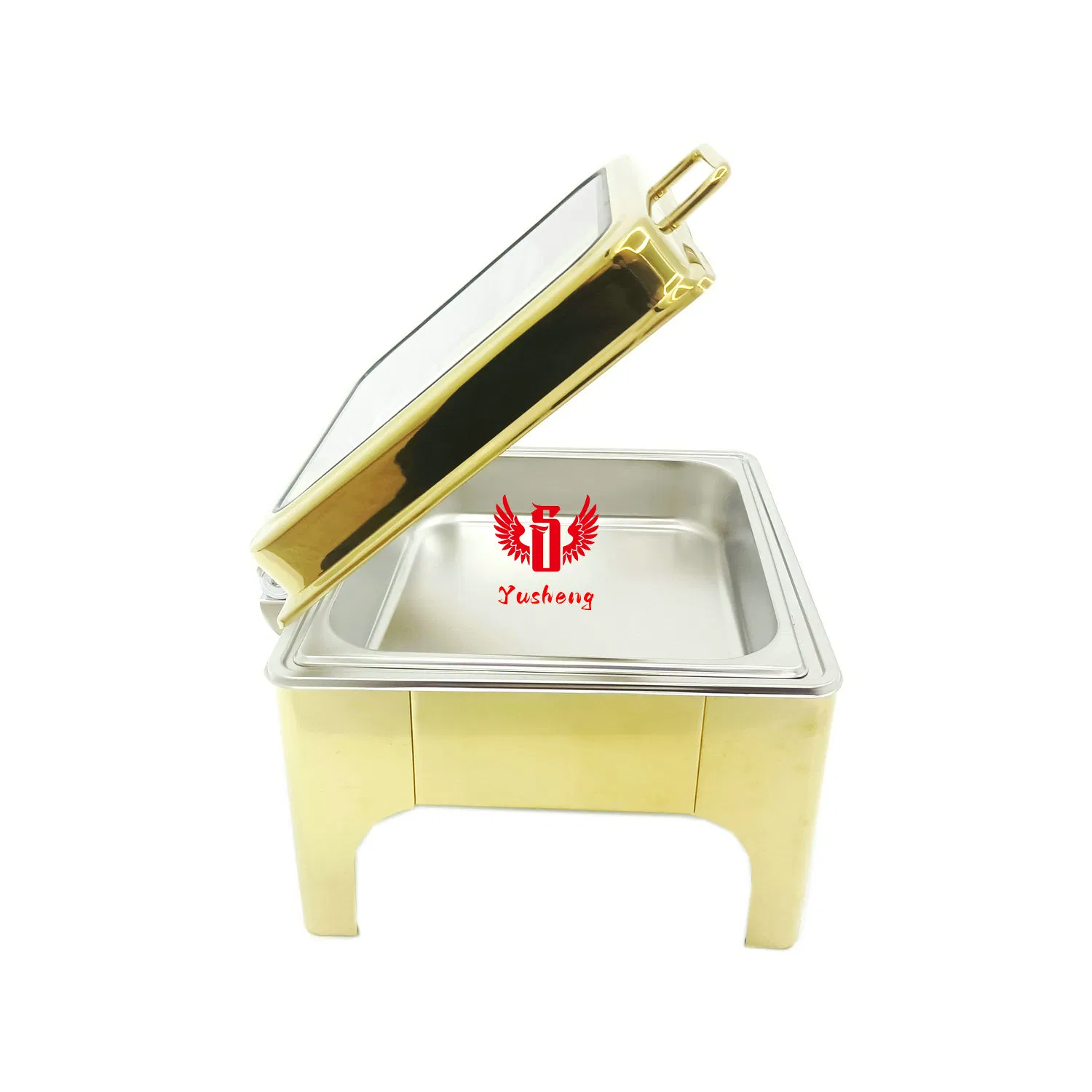 Golden Square High Stand Steel Chafing Buffet Dish China Visible Lid Factory China