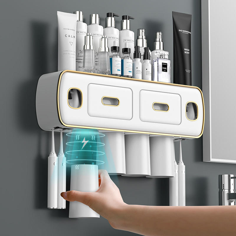 Creative 4-Cup Toothbrush Holder with Toothpaste Dispenser Bathroom Storage Multifunctional Rack