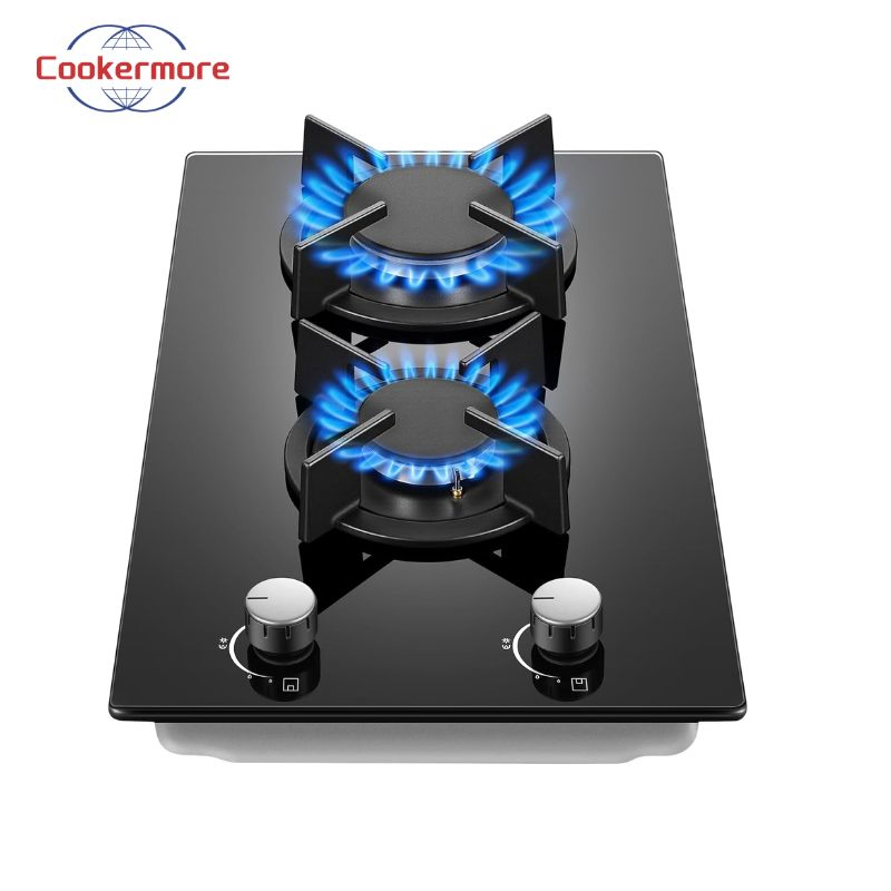 Built-in 2 Burner Propane/LPG/Natural Gas Cooktop Black Tempered Glass Electronic Ignition Flameout Protection Class Energy Gas Hob