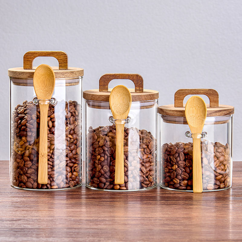 High Borosilicate Transparent Round Shape Glass Storage Jar with Wooden Lid and Spoon for Kitchen