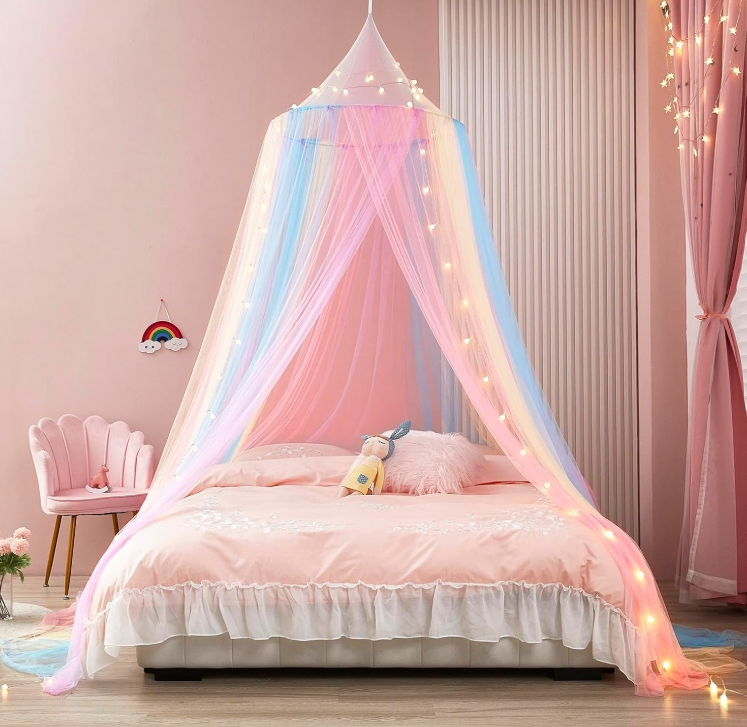 Rainbow Kids Bed Canopy with Lights Mosquito Netting for Twin Single Full Queen & King Size Beds Decor for Girls' Rooms