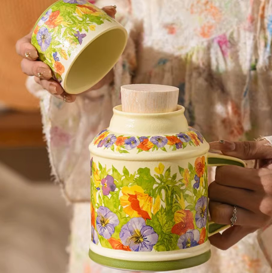 Three-Color Water Bottle Cup, Household Afternoon Tea Ceramic Cup, Office Retro Mug, Ceramic Lidded Teacup