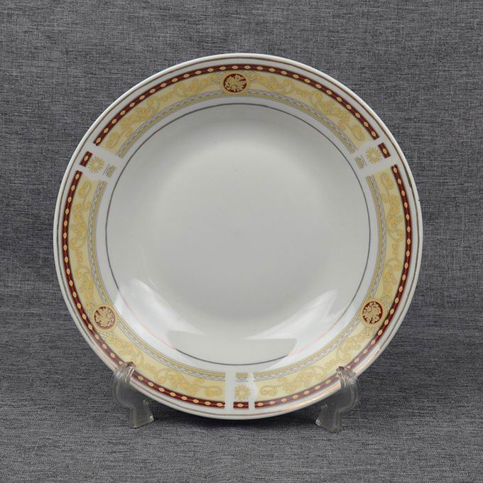 9"Soup Plate with Round Decal with Gold Line Porcelainware Ceramics Tableware
