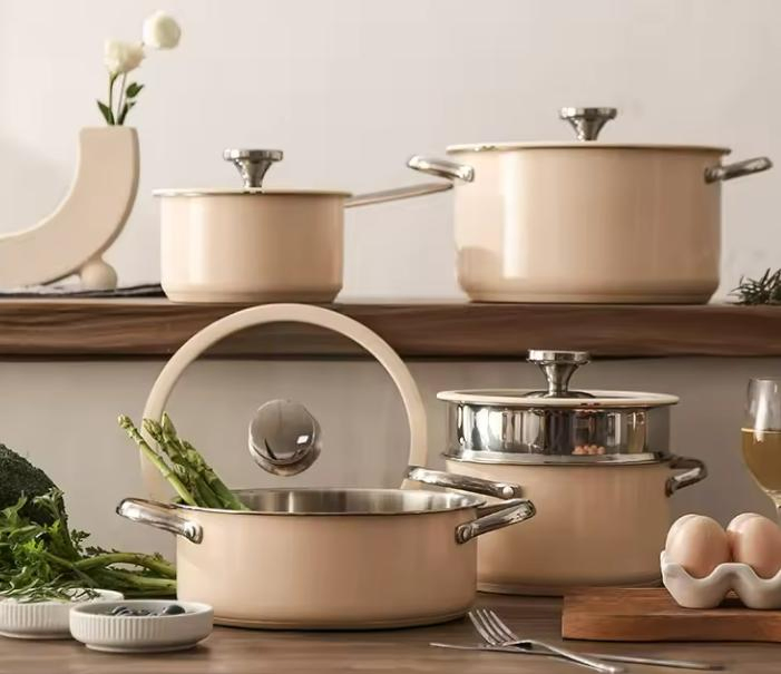 Stainless Steel 304 Ceramic Paint Cooking Sets with Glass Lid