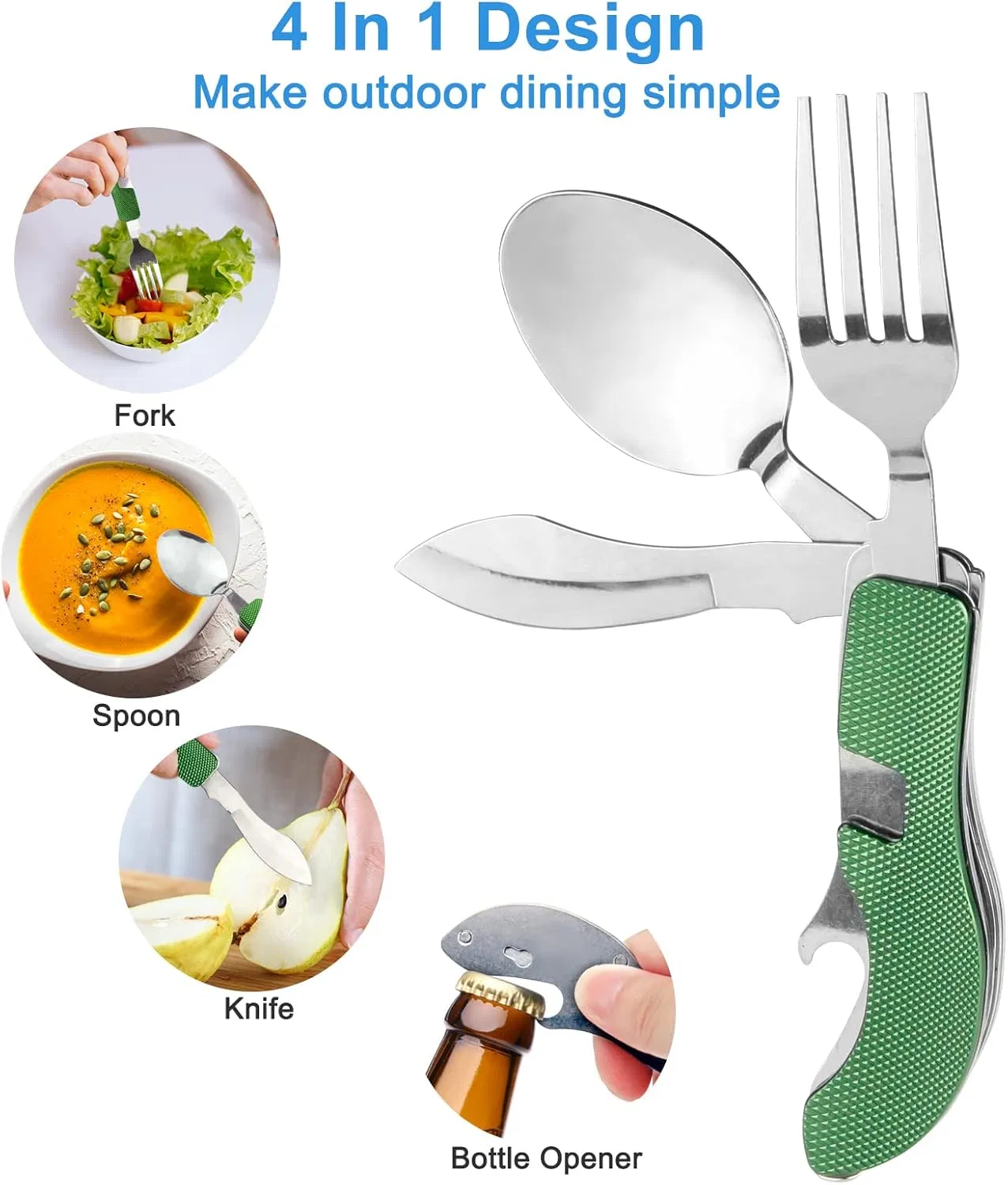 4-in-1 Portable Stainless Steel Lightweight Detachable Tableware with Fork Spoon Knife