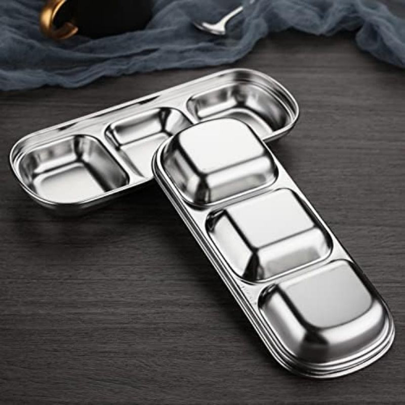3 Grids Divided Sauce Side Dishes Stainless Steel Soy Sauce Dish Dipping Bowls for Soy Sauce Ketchup Seasoning Sushi