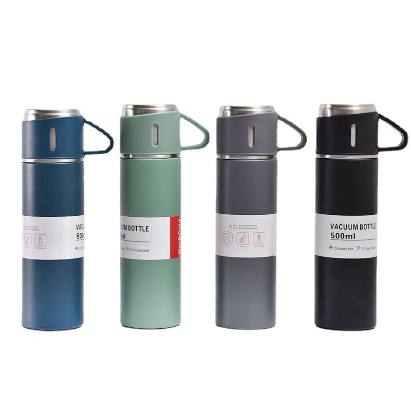 Custom 3 Three Lids Cups Vacuum Insulated Stainless Steel Vacuum Flask with Lid Thermos Water Drinking Vacuum Flask Set Vacuum Flask Gift Set 500ml