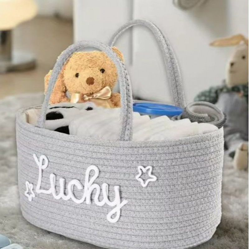 Large Portable Cotton Rope Diaper Caddy Cute Collapsible Tote Baby Basket Middle Partition Toy Laundry Storage Basket