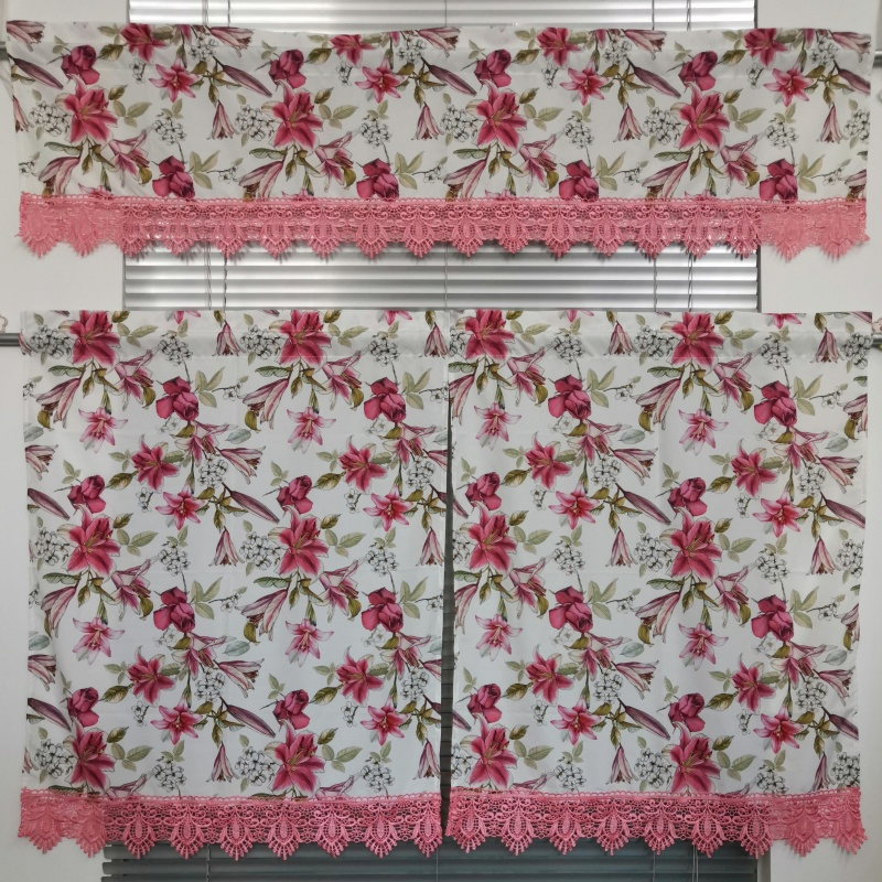 Digital Printed Polyester Kitchen Curtain Valance and Tiers Set 3 Pieces Window Curtain Set with Pink Cut - out Lace
