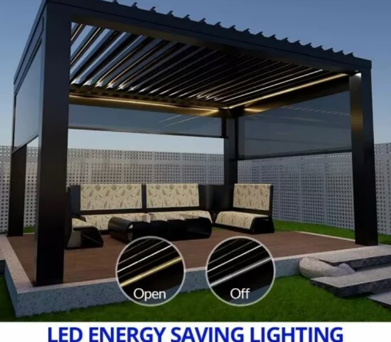Nfrc LED Light Windproof Screen Blinds Solar Powered Aluminum Louver Gazebo Pergola