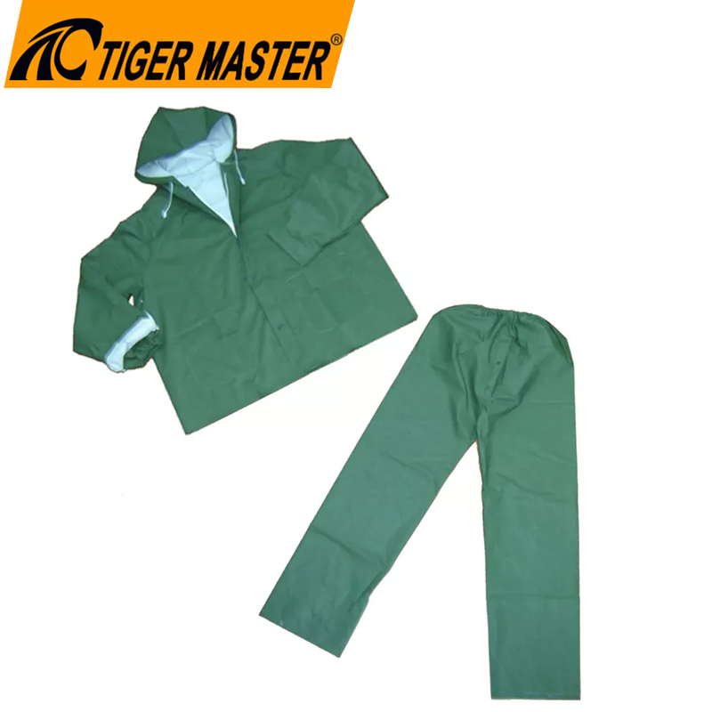 Two Pieces Waterproof Oil Chemical Resistant Green PVC Polyester Adult Industrial Working Raincoat