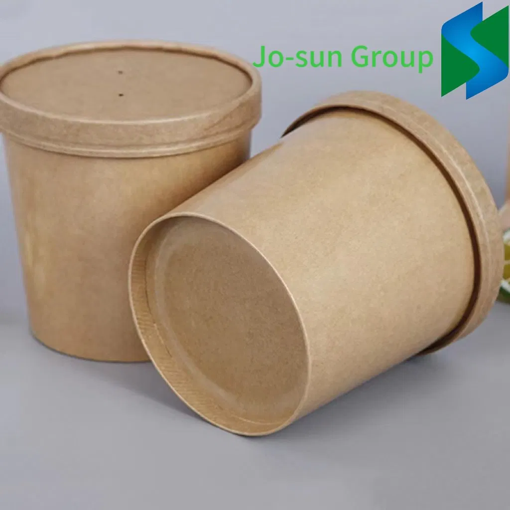 Jo-Sun Factory Outlet Biodegradable Disposable Kraft Paper Brown Hot Soup Bucket with Lid