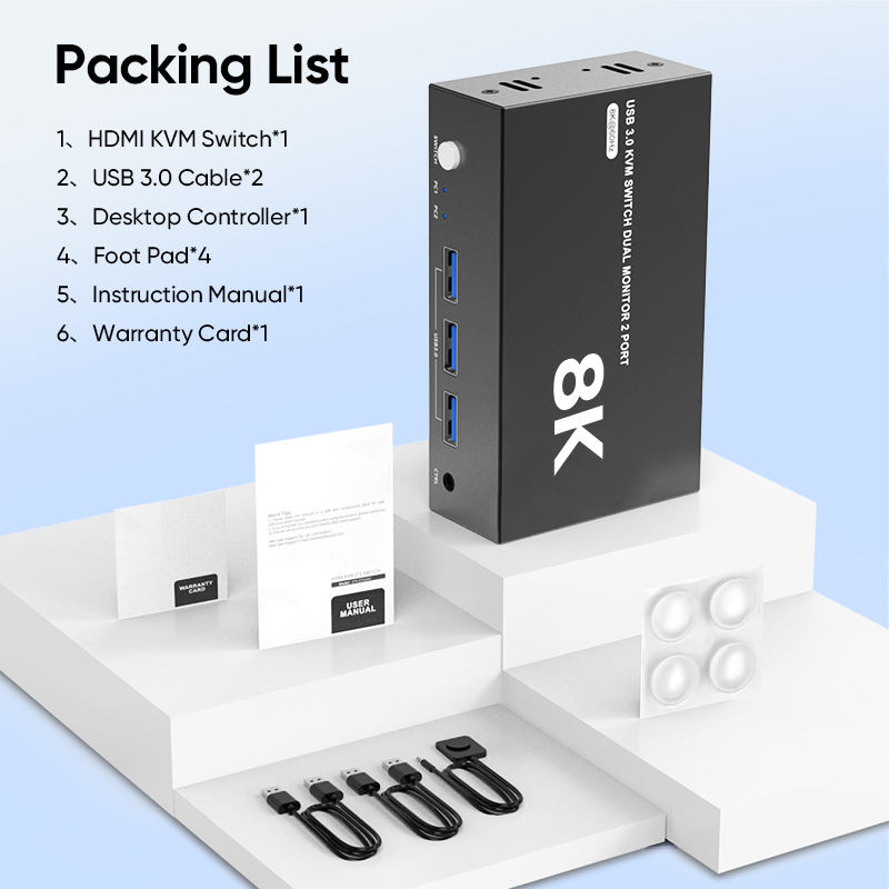 8K HDMI Kvm Switches 2 USB 2.0 2 USB1.1 Dual Monitor Switcher Display Displayport Monitors Computers Kvm Switch with HDMI