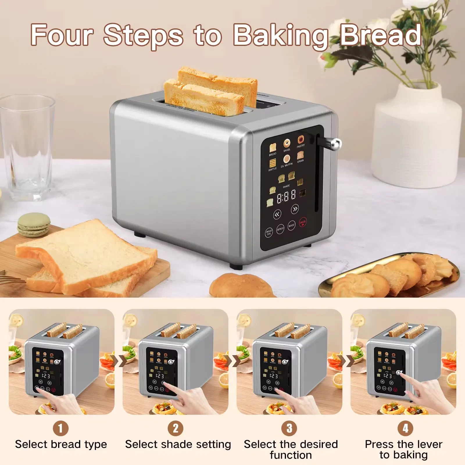 2-Slice Stainless Steel Digital Timer Toaster with Touch Screen 6 Bread Types Premium Toaster for Perfect Toast