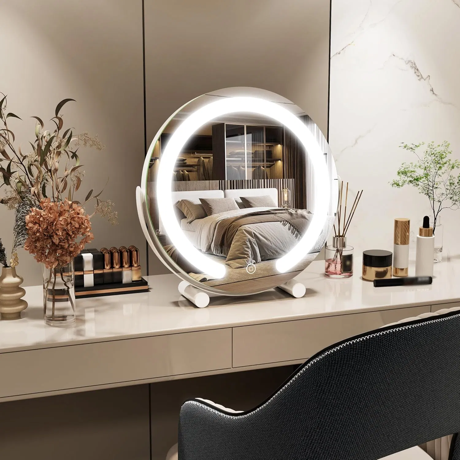 Jinghu Vanity Mirror with Lights LED Lighted Makeup Mirror Round Makeup with 3-Color Lighting 360° Rotation Dimmable for Tabletop Bedroom Bathroom