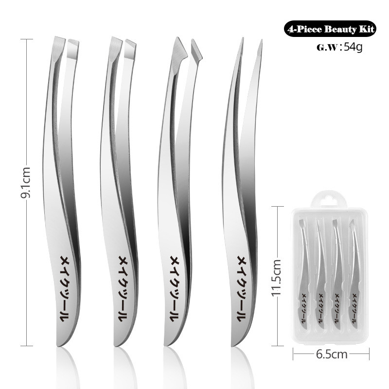 Grooming Slant Pointed Flat Curved Tip Eyelash Makeup Beauty Eyebrow Tweezer Set