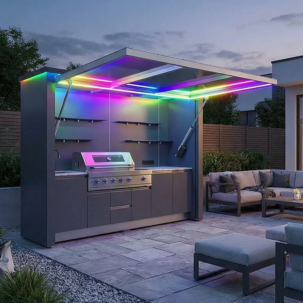 Foldable Patio Outdoor Kitchen with Dimmable Ambient Lighting