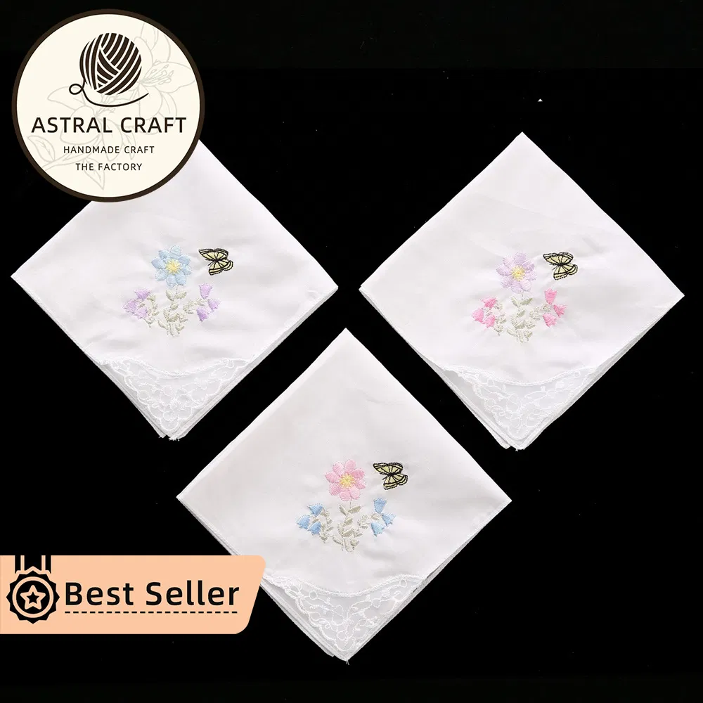 Custom 28cm Embroidered Cotton Handkerchief Bouquet of Flowers White Dinner Lace Linen Napkins