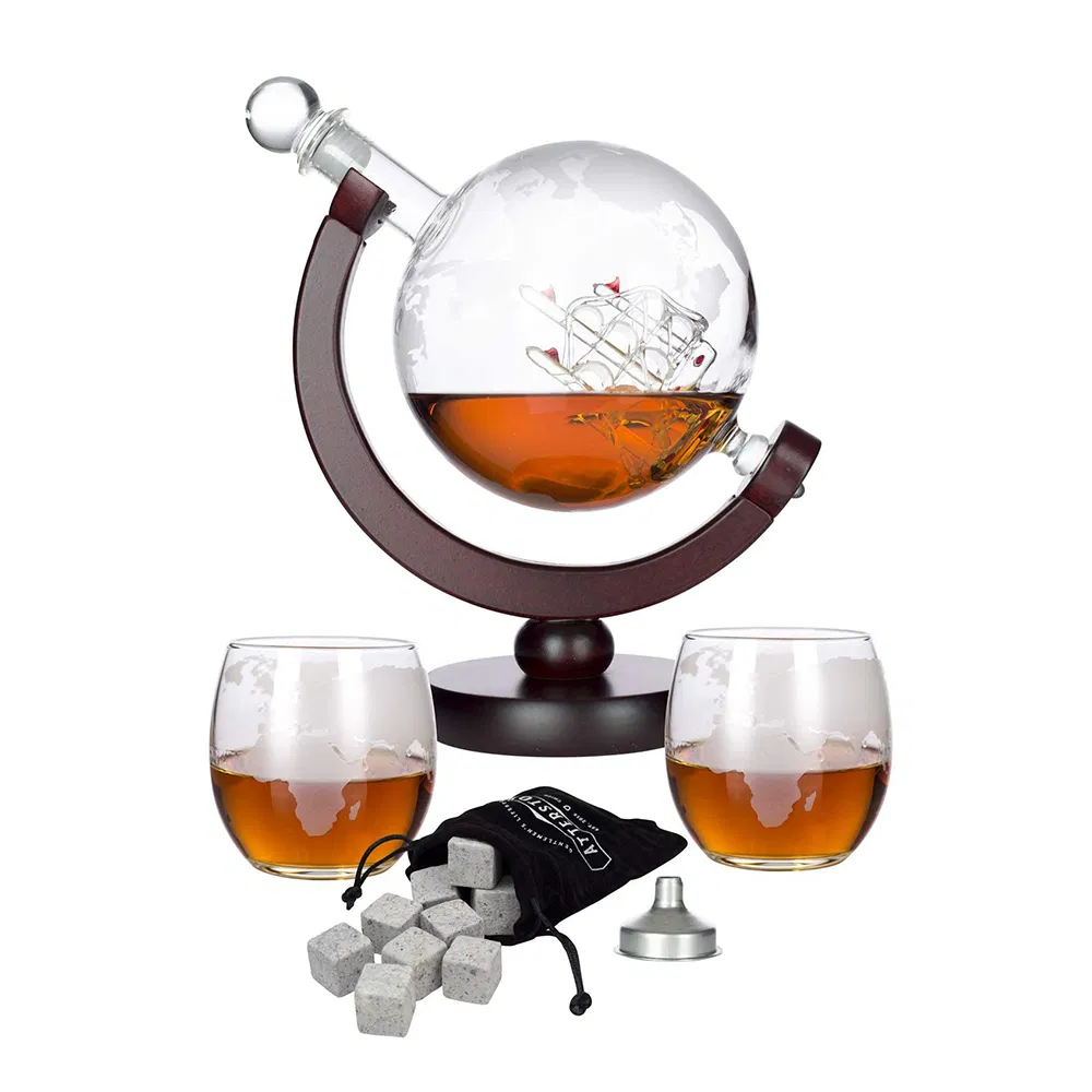 Wood Whiskey Decanter Globe Holder - for Liquor, Whiskey, Bourbon, Vodka or Wine