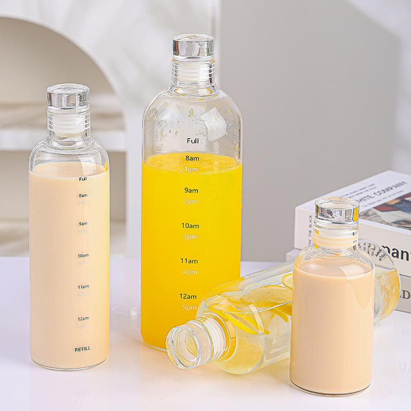 17oz 500ml High Borosilicate Glass Water Bottle Drinks Juice Beverage Glass Water Bottle with Time Marker Reminder for Sport