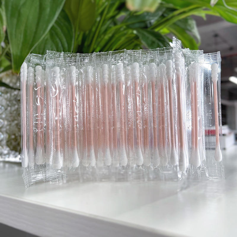 Single Individually-Wrapped Cotton Swabs with Spiral Colored Pink Rods and Double Heads, Disposable