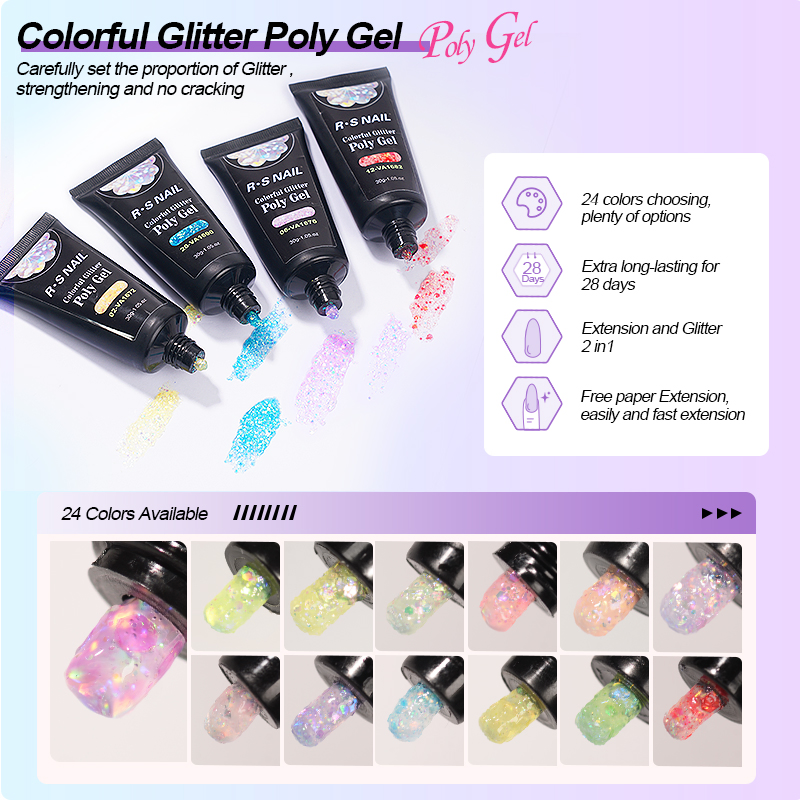 R S Nail Best Selling 30g Colorful Glitter Poly Gel 24 Colors Soak off Glitter Extension Gel