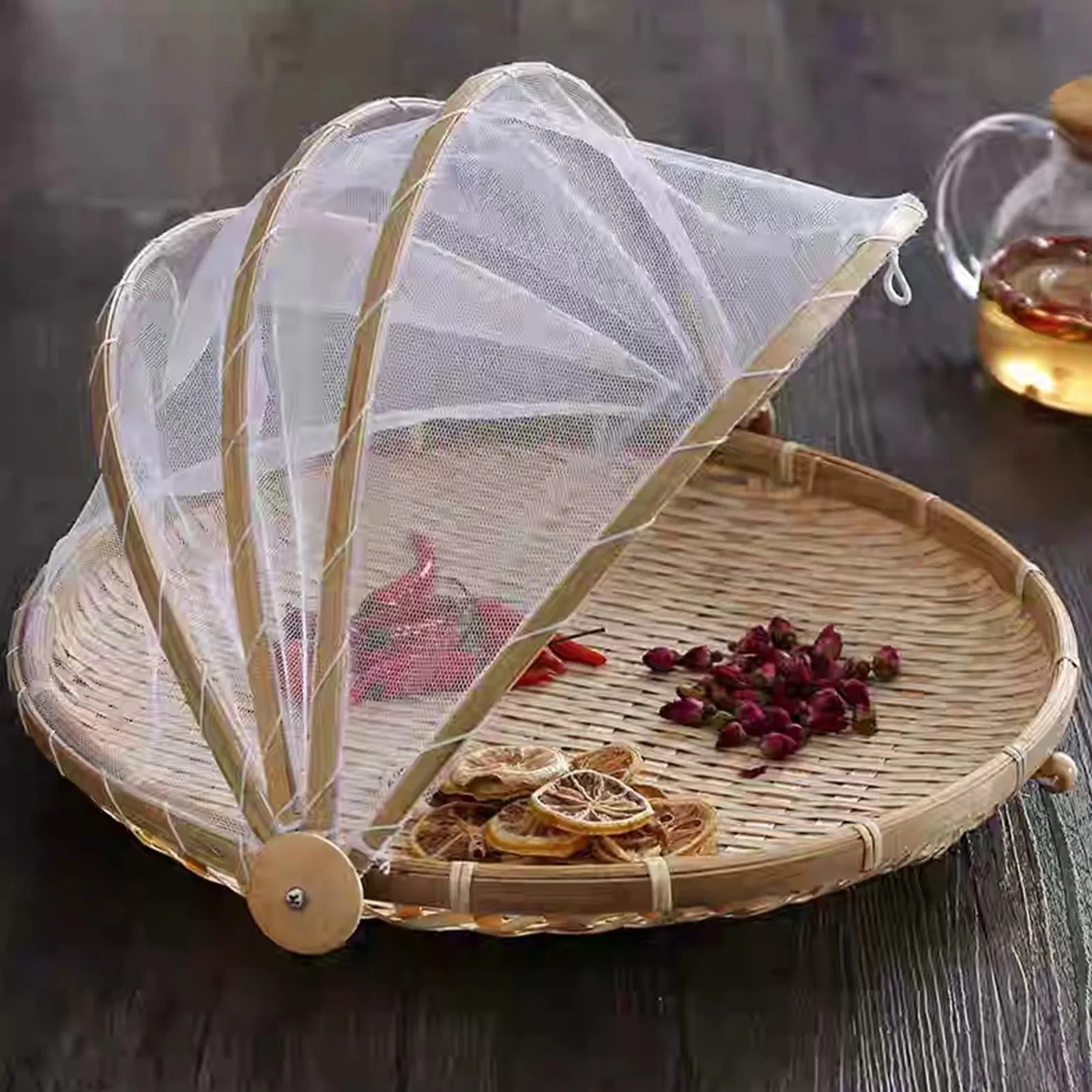 Food Serving Tent Basket Hand-Woven Bamboo Dustproof Round Picnic Basket Net