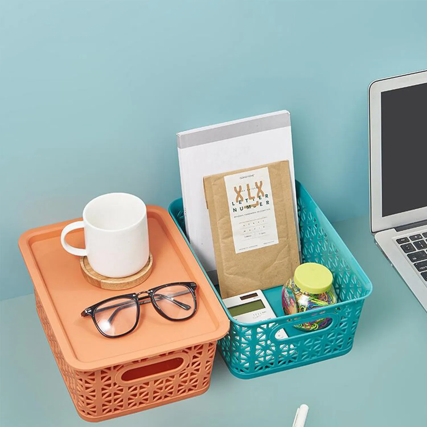 Plastic Storage Baskets with Lid Tote Bundle Set Organizing Countertops