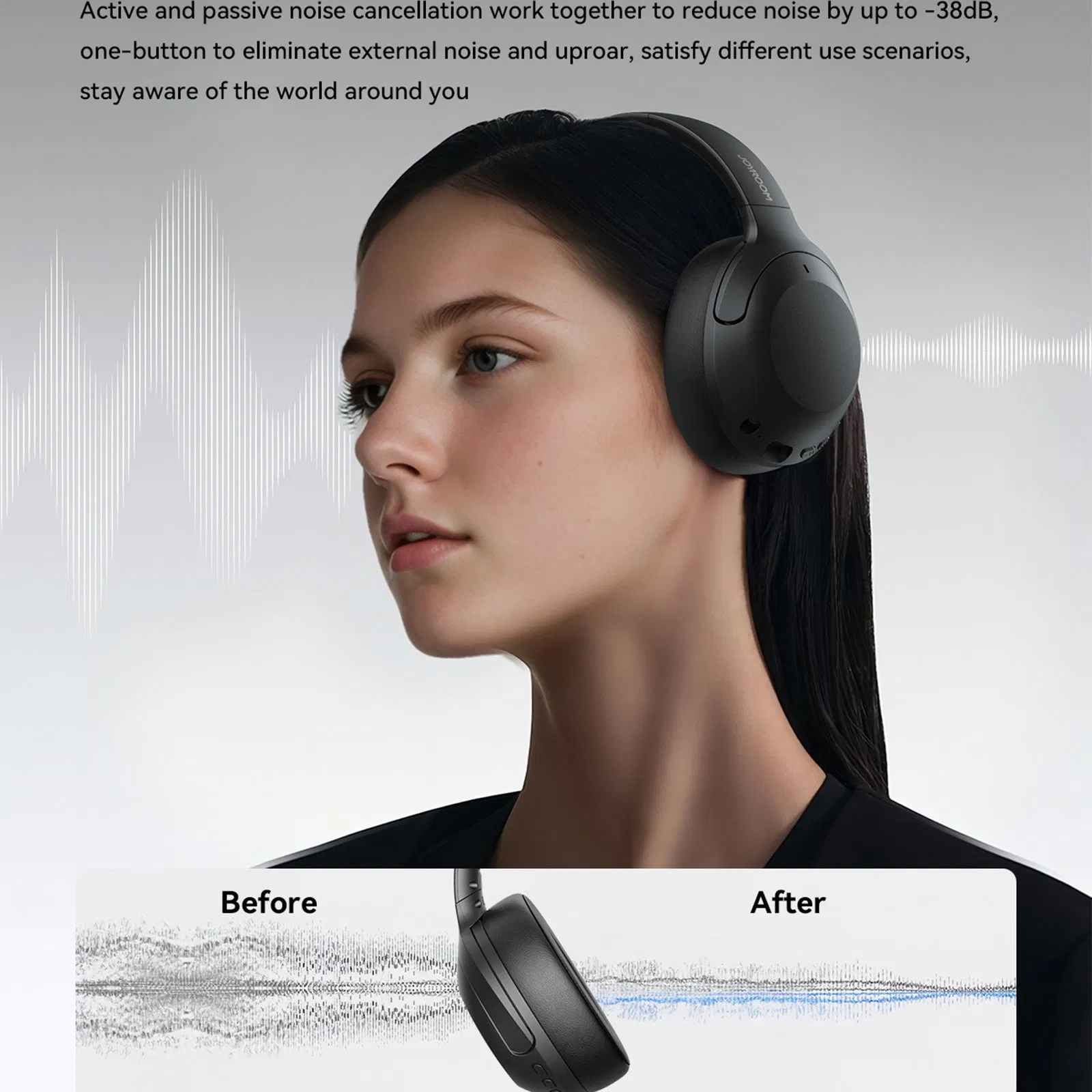Joyroom Jr-Jh2 Over-Ear Headphones Wireless Bluetooth-Compatible 5.4 Anc Noise Canceling Headset - Black