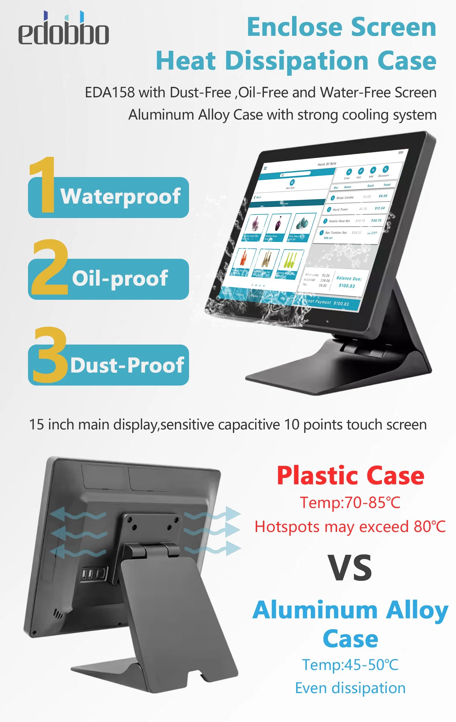 Black 15 Inch Aluminum Alloy Case POS Systems Waterproof Dustproof for Retail 24/7
