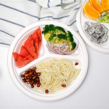 Compartment Biodegradable Plates Compostable Disposable Plates, Natural Bagasse Eco-Friendly Made of Suger Cane Fibers, White