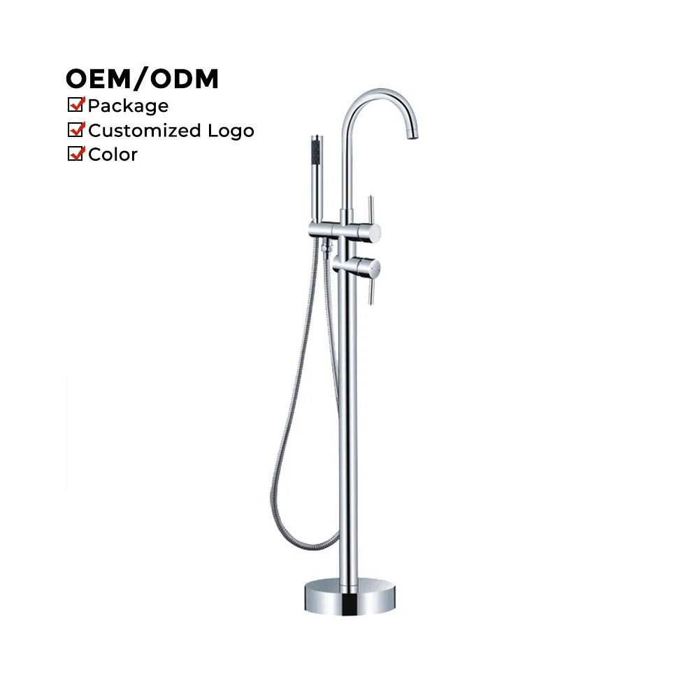 High End Contemporary Chrome Round Floor Standing Brass Basin and Tub Faucet