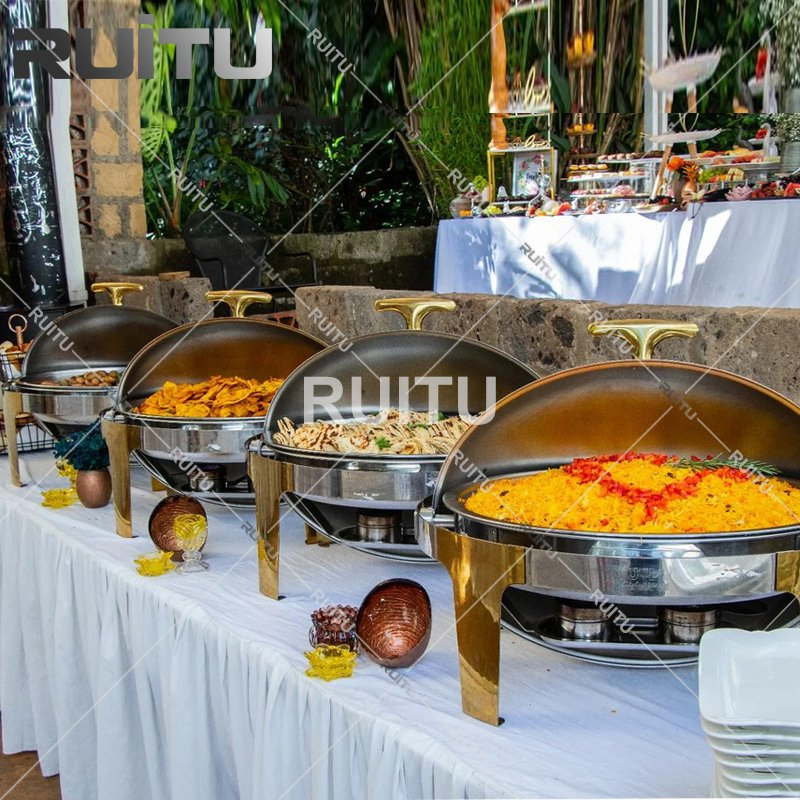 Good Quality Round Roll Top Silver Gold Leg Stainless Steel Food Display Warmer Buffet Chafer Chafing Dish Alcohol Heater Burner Buffy Food Warm Buffet Stove