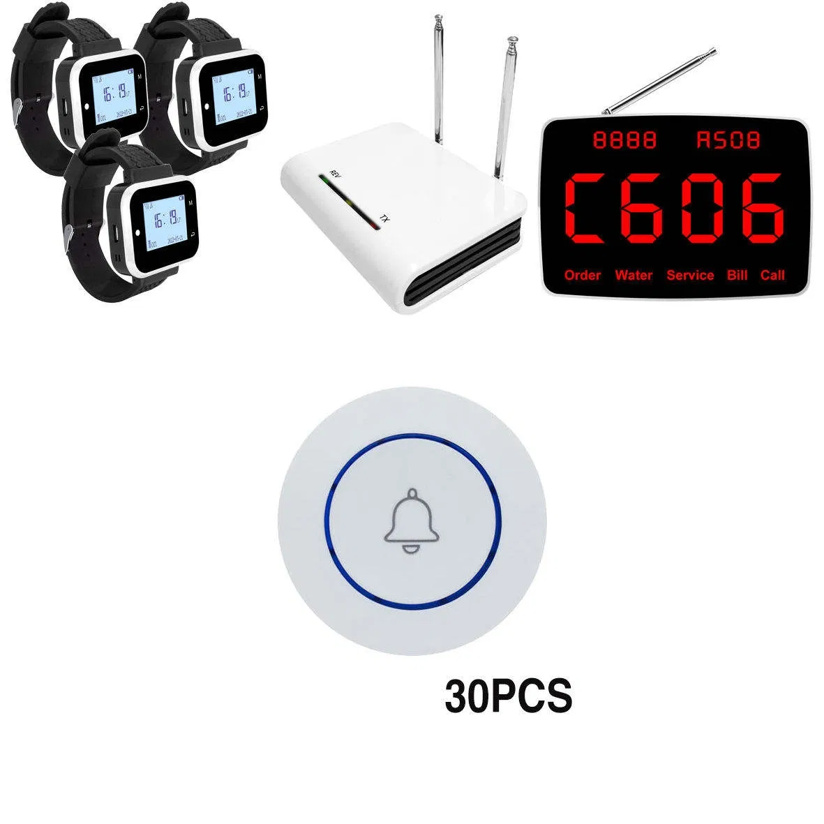 30-Button 3-Watch Wireless Restaurant Pager System with Host & Signal Booster