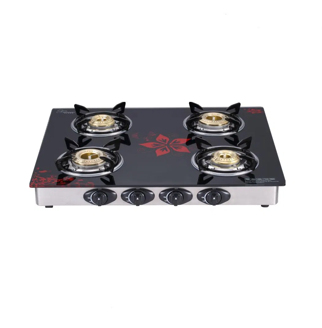 Cooking Appliance 4 Brass Burner Glass Mirror Finish Black Gas Stove