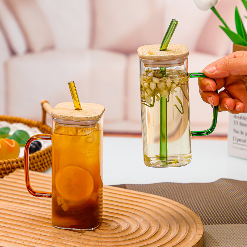 Clear Drinkware Iced Coffee Tea Mug Drinking Square Glass Cup with Lid Straw Handle