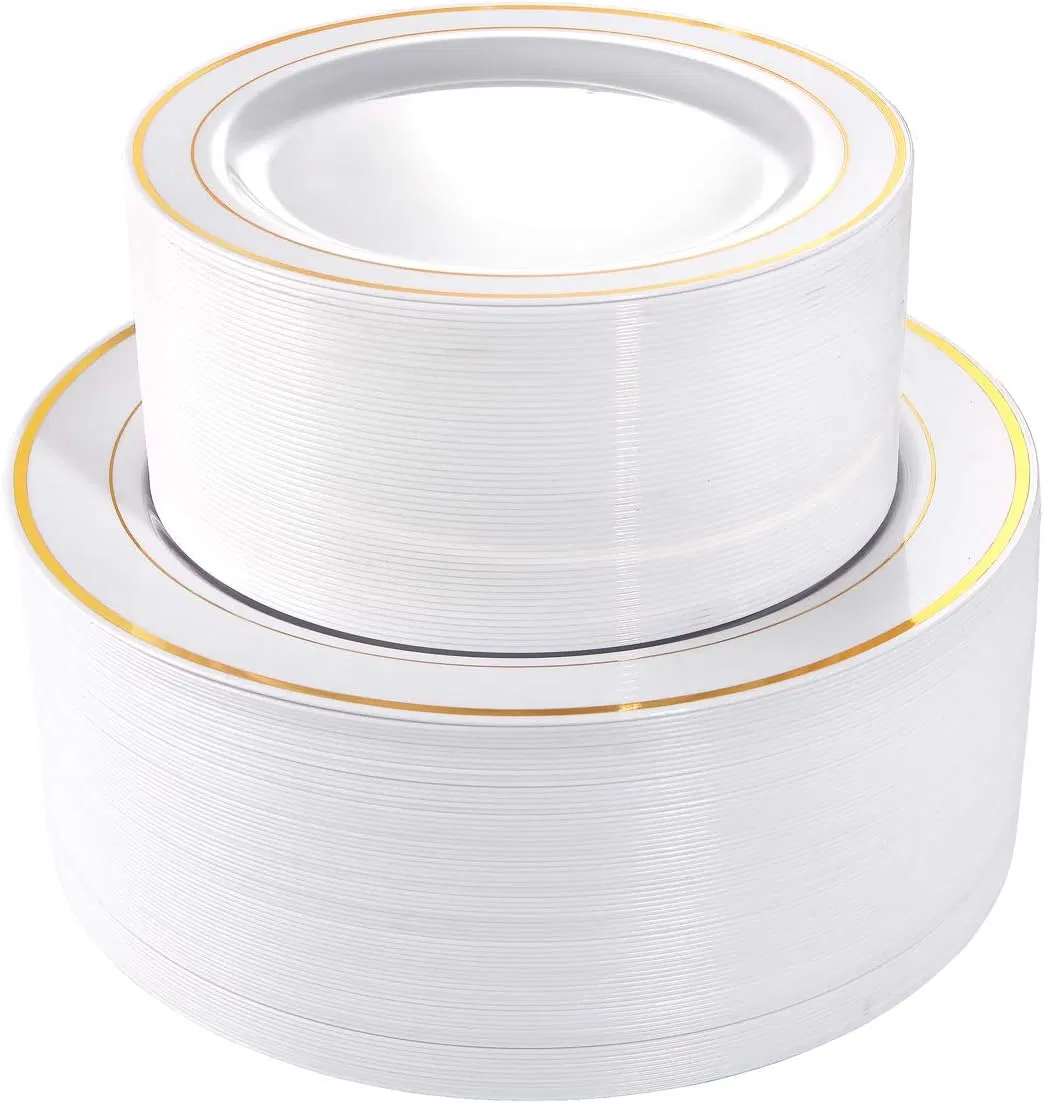 Gold Plastic Plates, Disposable Party Plates White Gold Rim Disposable Gold Dinner Plates 10.25 Inch and Disposable Dessert Appetizer Plates