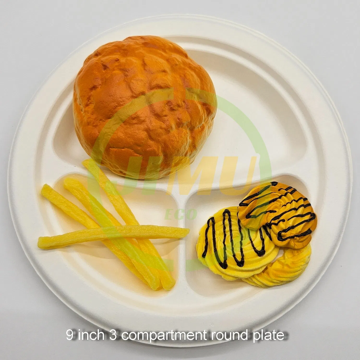 100% Natural Bagasse Pulp Biodegradable Disposable 9 Inch 3 Compartment Round Dish Salad Plate