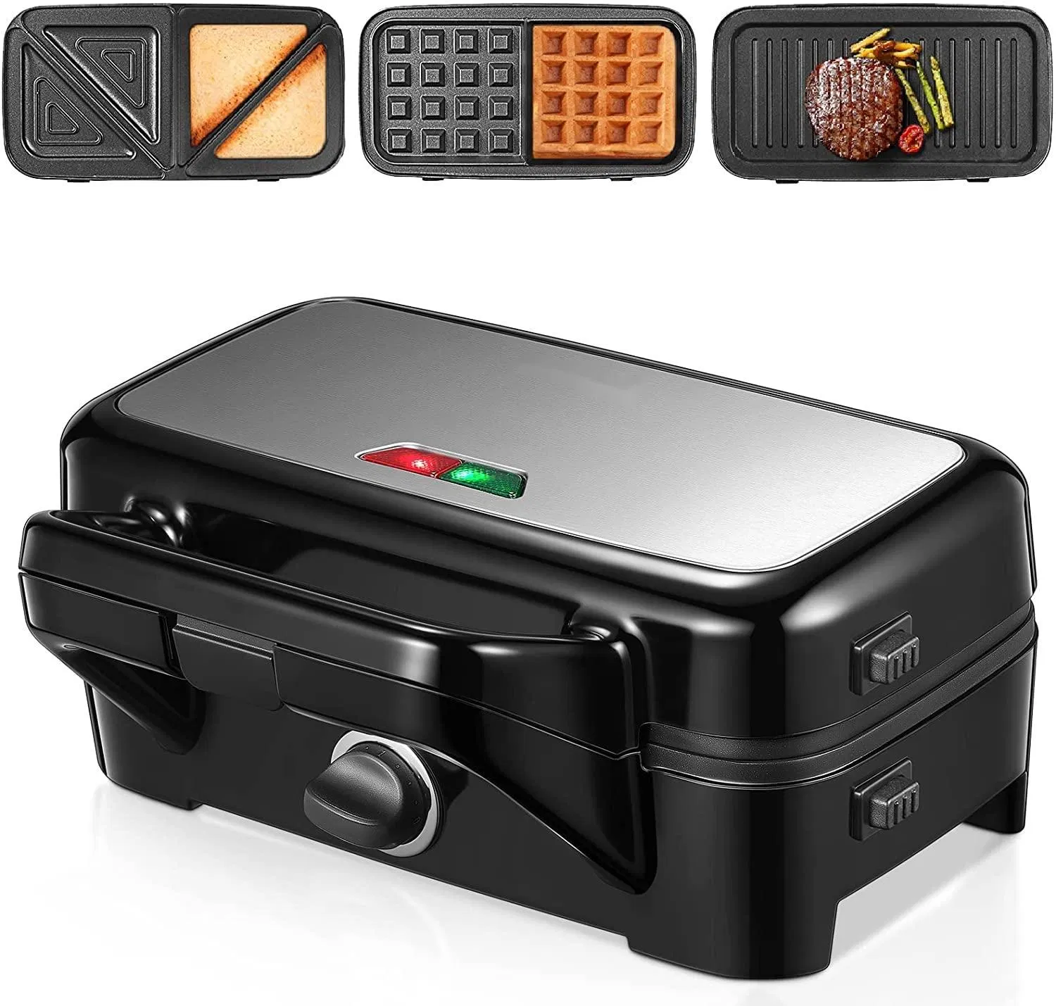 Indicator Lights Interchangeable Non-Stick Panini Press Removable Plates Waffle Sandwich Maker